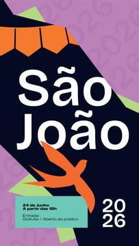 vibrant colorful sao joao instagram story template, festive traditional festa junina vertical banner, bright neon elements brazilian winter party layout