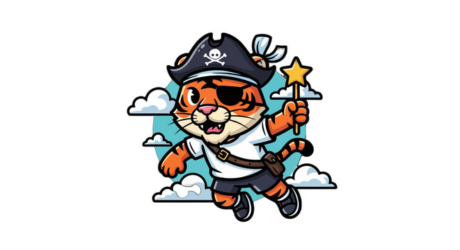 Cute Cartoon Tiger Pirate Holding Magic Wand Star.