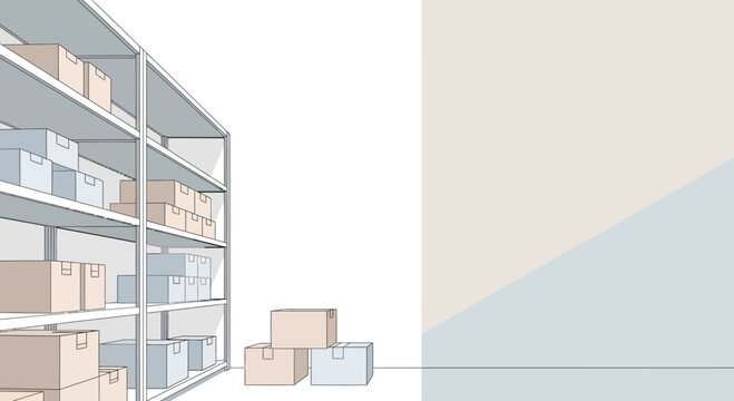 Warehouse shelves with boxes, delivery and storage concept, minimalist design.