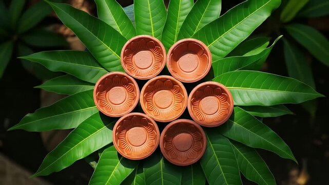 Seven terracotta diyas arranged on a bed of vibrant, glossy green mango leaves