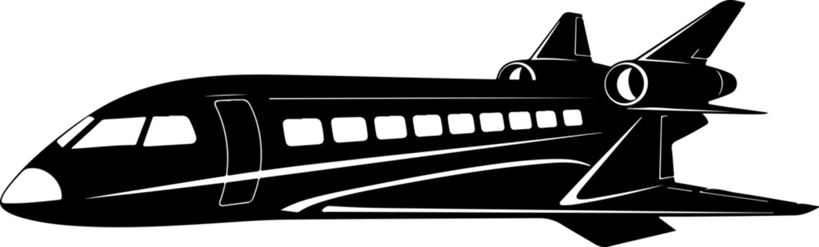 Black airplane, private jet, aircraft silhouette, vector plane, transportation icon