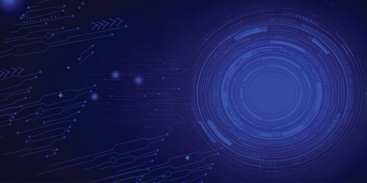 Digital circuit board abstract background with glowing blue lines and circular technology interface in dark space.
