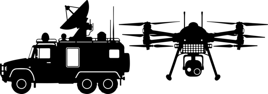 Military vehicle, drone, black silhouette, vector graphics, surveillance equipment, tactical transport