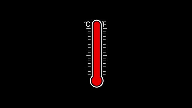 A vertical thermometer graphic filled with bright red liquid, showing both Celsius and Fahrenheit scales.black background.