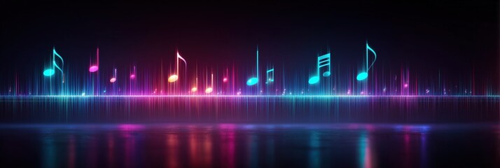 Naklejka premium Neon glowing musical notes with sound wave effect on dark background. Vibrant illustration for night club, music party, techno event, equalizer display or modern digital background.
