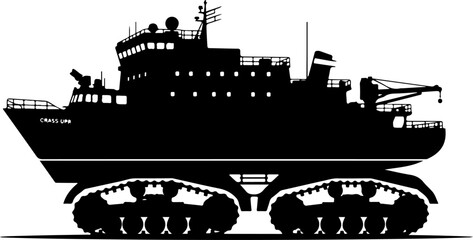 Fototapeta premium Amphibious vehicle, tank tracks, ship silhouette, black icon, industrial design element