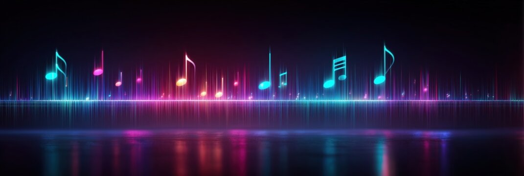 Neon glowing musical notes with sound wave effect on dark background. Vibrant illustration for night club, music party, techno event, equalizer display or modern digital background.