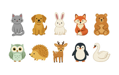 Obraz premium Crayon Texture Animals Clipart Set, Hand Drawn Naive Folk Art Animal Illustration Collection with Cat, Dog, Rabbit, Fox, Bear, Owl, Hedgehog, Deer, Penguin and Swan, Scandinavian Style Bold Color 