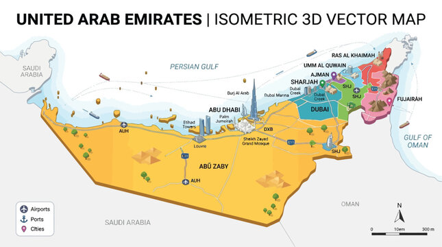 United Arab Emirates isometric 3D vector map illustration.