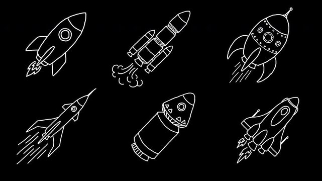 Space rocket set space capsule 4K Hand Drawn Animation with alpha transparent background