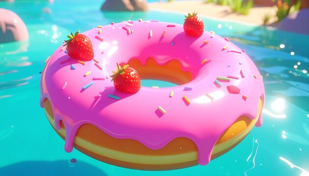 Playful donut-shaped pool float with pink frosting, colorful sprinkles, and a strawberry topper, drifting on sparkling blue water, evoking whimsical summer joy, leisure, and vibrant fun.