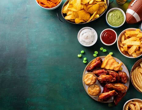 game day snacks football themed food spread on the left with snacks wings nachos dips on a table leaving copy space on the right