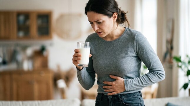 Young woman suffering from stomach pain or indigestion after drinking a glass of milk with indigestion, intolerance