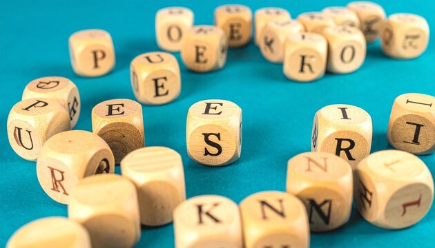 Wooden letter blocks scattered, symbolizing language play and creative puzzles.