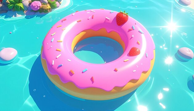 Playful donut-shaped pool float with pink frosting, colorful sprinkles, and a strawberry topper, drifting on sparkling blue water, evoking whimsical summer joy, leisure, and vibrant fun.