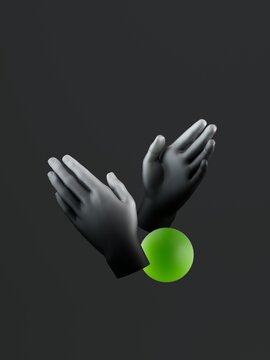 Two hands reach toward a glowing green sphere against a dark background. Elegant 3D abstract illustration blending theatrical creativity and business style.