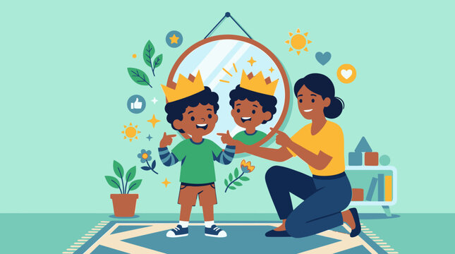 Mother helping her son put on a crown, looking in the mirror, embracing imagination and childhood dreams