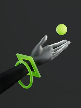 A metallic hand tosses a glowing green sphere upward. The wrist wears bold green geometric rings against a dark background. 3D render of an abstract composition inspired by theater and business.