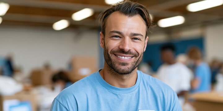 A smiling young man in a blue shirt captured in a vibrant community environment, radiating positivity and engagement, perfect for portraying teamwork and goodwill.