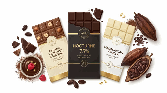 Assorted gourmet chocolate bars and ingredients.