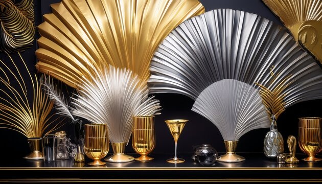 jazz age roaring twenties colors like art deco gold speakeasy black and flapper dress silver create a jazz age theme