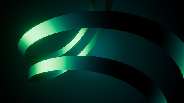 Layered glowing green ribbons arc across a dark futuristic space. Stylish abstract 3D background for branding, motion graphics, and tech design.