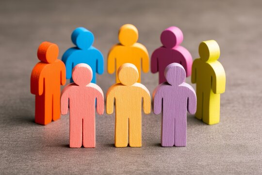 Colorful wooden figures stand in a circle on a grey surface during a creative play session in a bright room