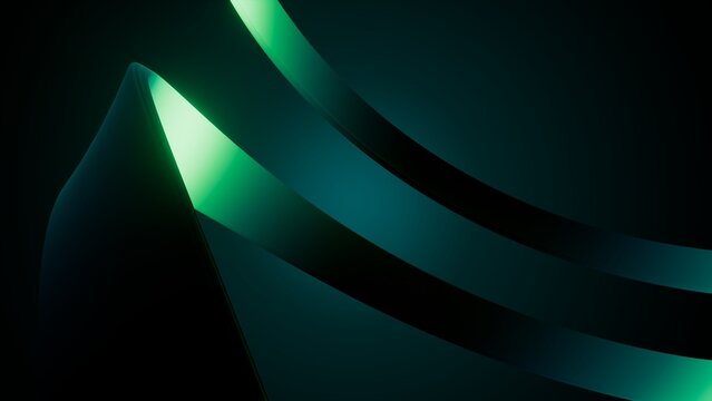 Curving green luminous bands create a smooth futuristic abstract scene. Elegant 3D image for digital branding, innovation, and technology visuals.