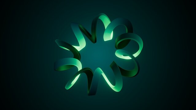 Glowing green abstract helix form with smooth curves on a dark background. Futuristic 3D image for technology, digital art, and modern design themes.