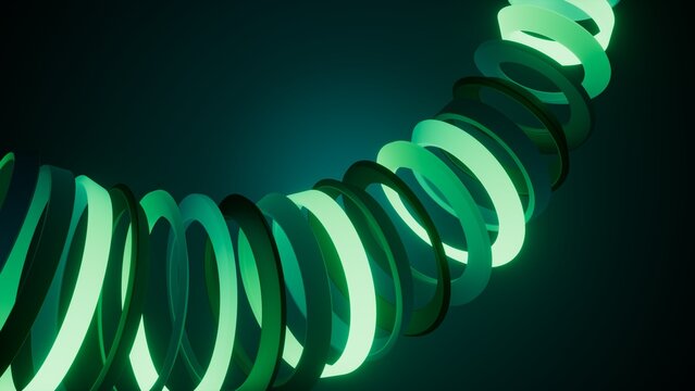 Curved neon green ribbon rings form a bold abstract 3D composition. Dynamic futuristic background for motion, energy, and modern tech visuals.