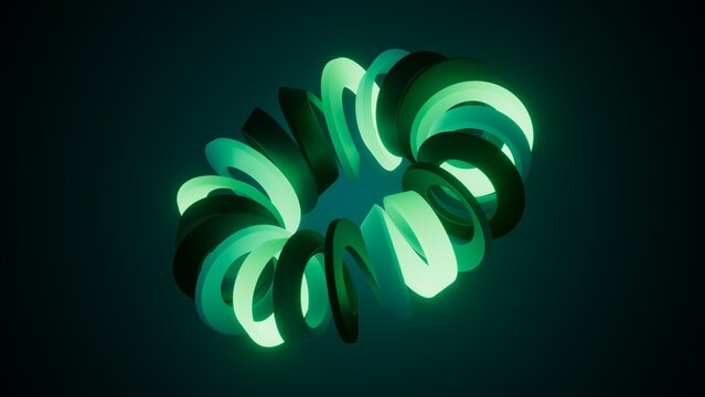 Compact neon green loop cluster glows against a dark atmospheric background. Futuristic 3D visual for digital art, energy, and abstract technology themes.