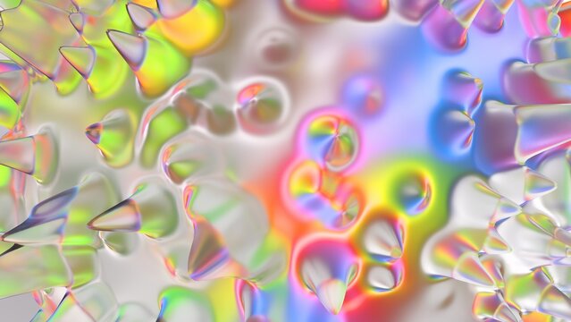 Colorful, iridescent bubbles float in a vibrant, abstract space with rainbow hues and glossy textures. 3d render illustration.