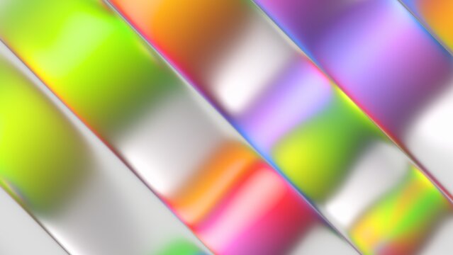 Abstract design features diagonal bands of vibrant colors like green, orange, purple, and pink with white highlights.
