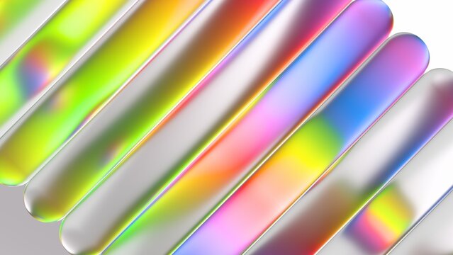 Abstract design features glossy, rainbow colored tubes arranged diagonally against a neutral background. 3d render illustration.