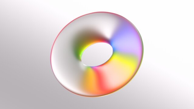 A shiny, iridescent CD or DVD floats against a soft gradient background, reflecting rainbow hues.