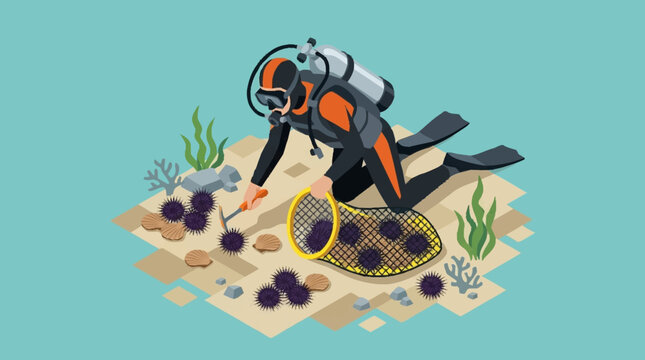 Scuba diver collecting sea urchins underwater.