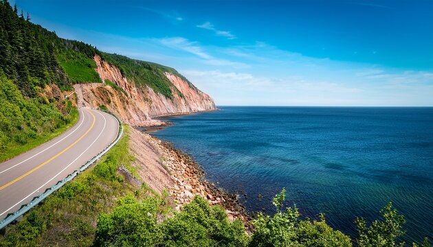 scenic coastal road passing by high cliffs in cape breton nova scotia