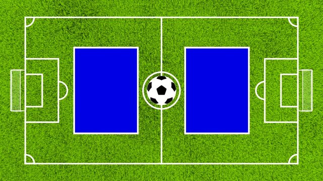 Top View Soccer Field Loop with Spinning Ball and Blue Screen Placeholders for Team Logos