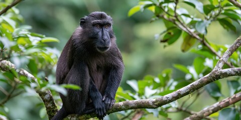 Fototapeta premium A captivating portrait of a monkey sitting gracefully on a tree branch, showcasing its serene expression against a lush, green background filled with vibrant foliage.