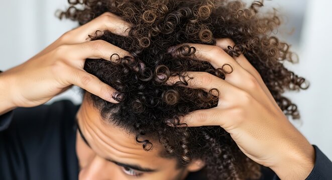 Man Scratching Head with Curly Hair.