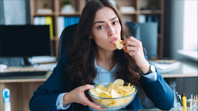 Compulsive overeating woman eating chips at workplace showing mindless snacking junk food unhealthy meals emotional eating stress habits and poor nutrition lifestyle concept