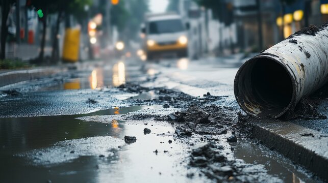 Rainwater collects on a city street with a broken pipe in focus on a cloudy day