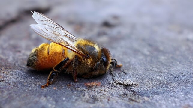 Dead bee lying on stone table surface symbolizing insect mortality environmental decline pollinator loss ecological imbalance and nature conservation concerns in closeup outdoor scene
