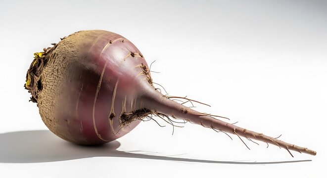 Fresh beetroot with long taproot on white surface