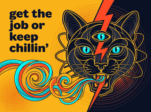 Psychedelic Black Cat Illustration with Third Eye and Lightning Bolt - Motivational Quote Get the Job or Keep Chillin - Vibrant Pop Art Style Vector Design