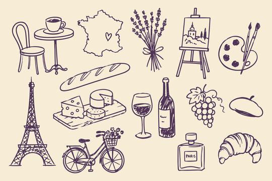 France travel icon set sketch doodle vector illustration