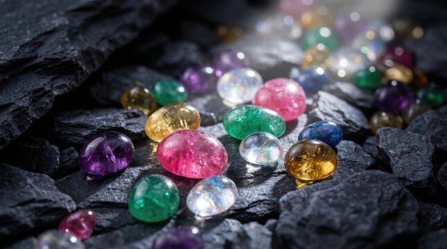 Colorful polished gemstones scattered on dark textured rocks, showcasing vibrant hues and reflective surfaces.