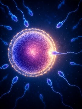 Sperm cell making first contact with human egg during fertilization process