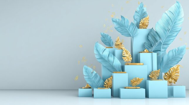 Pastel blue presentation pedestals feature decorative foliage with metallic accents against a light gray background