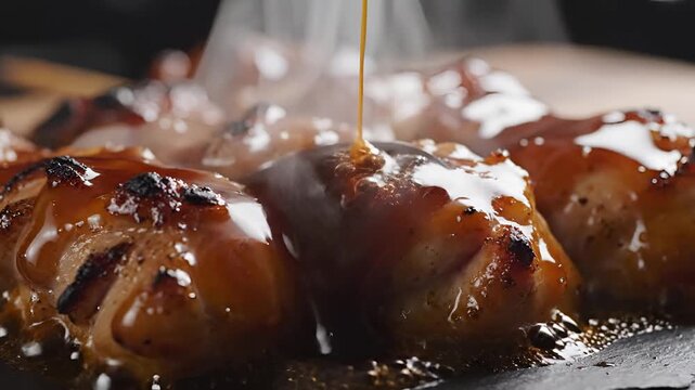 Delicious Glazed Meatballs Being Drizzled with Savory Sauce.
